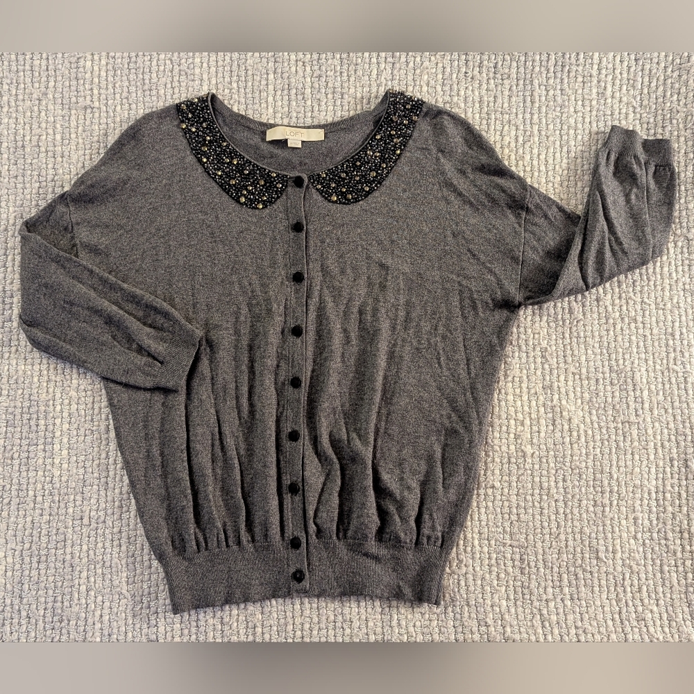 LOFT Gray Peter Pan Embellished Collar 3/4 Sleeve Cardigan Size XS